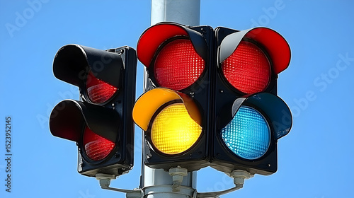 Traffic light pole three lights it top is a traffic ligh