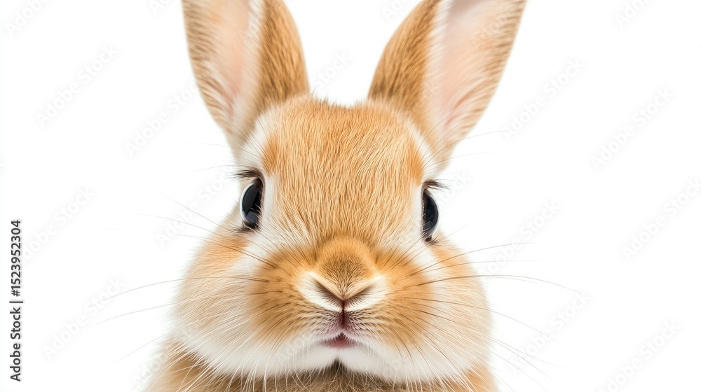 Fototapeta premium Close-up shot of a tiny bunny's face with whiskers and soft fur, isolated on white backdrop