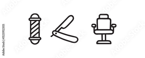 Barber pole, straight razor, and chair icons for barbershop theme.