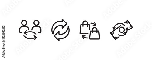 Icons of people exchange, refresh arrows, shopping bags, money.