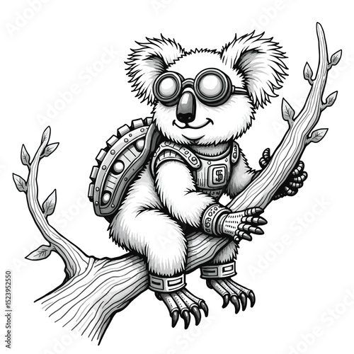 Steampunk Koala Vector Illustration – Retro Futuristic Tree-Dwelling Animal with Goggles, Armor Plates, and Mechanical Enhancements – Black and White Sci-Fi Character Drawing
