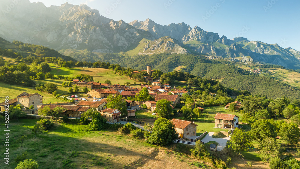 Obraz premium Aerial view of the Mogrovejo medieval village in Cantabria, northern Spain.