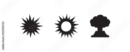 Explosive icon set: starburst, sunburst, mushroom cloud in black silhouette.