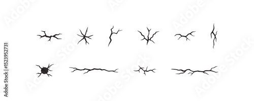 Set of isolated black crack patterns on white background.