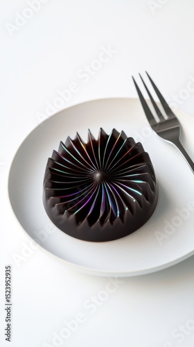Futuristic spiral chocolate with a 3D-printed iridescent surface, styled as a sculptural gourmet dessert on a minimalist white plate with black fork.