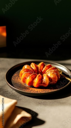 Elegant caramel dessert with glossy glaze and cocoa dusting served on a dark ceramic plate in warm moody light, perfect for fine dining or bakery inspiration.
