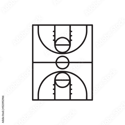 Top view of symmetrical basketball court illustration with clear court lines.