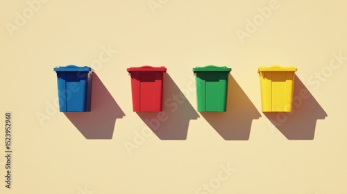Minimal recycling bins in blue, red, green, and yellow mounted on pastel wall, symbolizing eco-friendly waste sorting and sustainable city living.