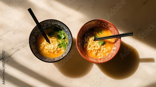 Two steaming bowls of ramen with broth, noodles, and greens in patterned red and black dishes, styled under warm light for authentic Asian cuisine appeal.
