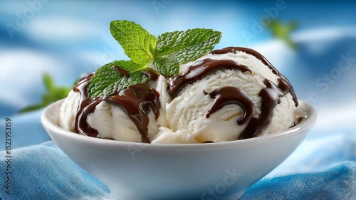 Close-up of a scoop of vanilla ice cream topped with chocolate sauce and mint leaves in a white bowl