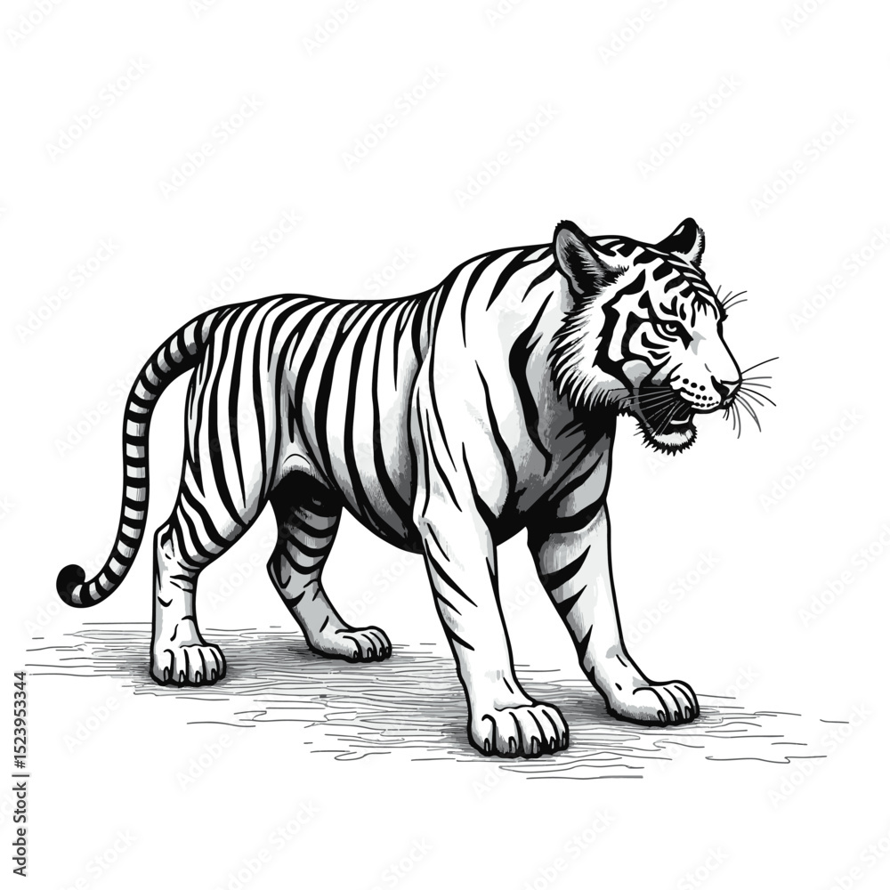 Obraz premium Steampunk Mechanical Tiger Vector Illustration – Retro Futuristic Striped Big Cat with Gears, Armor Plates, and Tech Enhancements – Vintage Sci-Fi Animal Drawing in Black and White