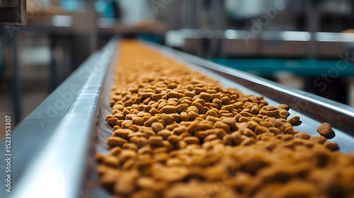 Pet Food Production Line. Quality Control Of Production. Animal Food On A Conveyor Belt. Focus On Food. photo
