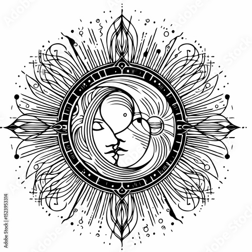 Intricate black and white illustration of two faces in harmony  