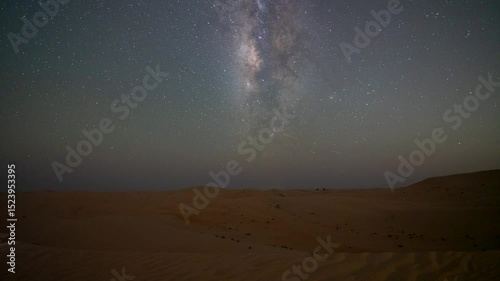 Stunning 4k timelapse of the Milky Way galaxy over a desert. Clear night sky, star scape, and sand dunes in a remote wilderness location. 