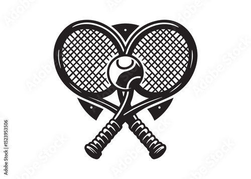 Two tennis rackets with a tennis ball in the middle. The rackets are crossed over each other Silhouette Vector