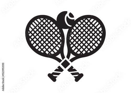 Two tennis rackets with a tennis ball in the middle. The rackets are crossed over each other Silhouette Vector