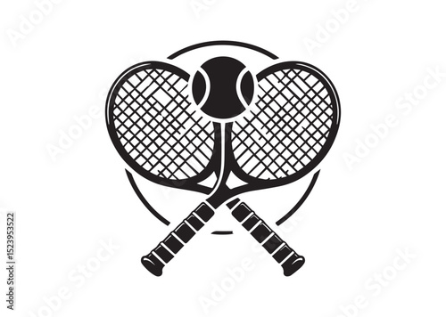 Two tennis rackets with a tennis ball in the middle. The rackets are crossed over each other Silhouette Vector