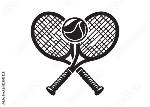 Two tennis rackets with a tennis ball in the middle. The rackets are crossed over each other Silhouette Vector