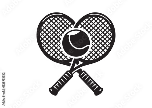 Two tennis rackets with a tennis ball in the middle. The rackets are crossed over each other Silhouette Vector