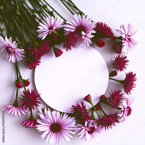 Bouquet of pink and purple aster with paper card. Floral motif of fresh flowers with round white blank paper label, frame for text. Background.