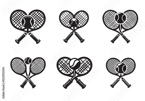 Two tennis rackets with a tennis ball in the middle. The rackets are crossed over each other Silhouette Vector Set