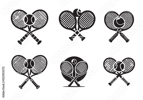 Two tennis rackets with a tennis ball in the middle. The rackets are crossed over each other Silhouette Vector Set