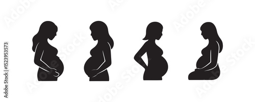 Silhouette of pregnant female profiles in different poses.