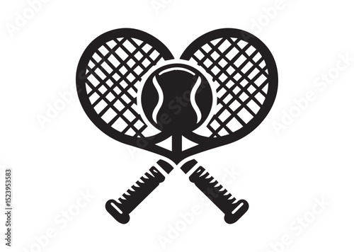Two tennis rackets with a tennis ball in the middle. The rackets are crossed over each other Silhouette Vector