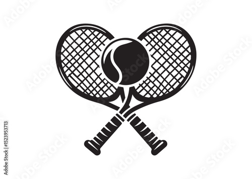 Two tennis rackets with a tennis ball in the middle. The rackets are crossed over each other Silhouette Vector