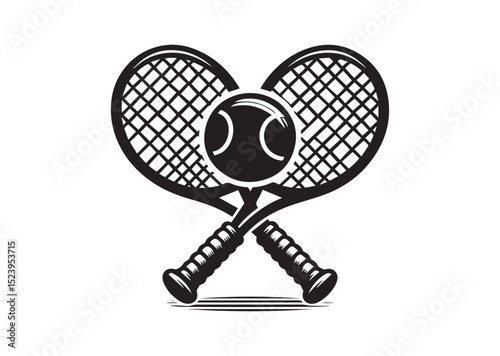 Two tennis rackets with a tennis ball in the middle. The rackets are crossed over each other Silhouette Vector