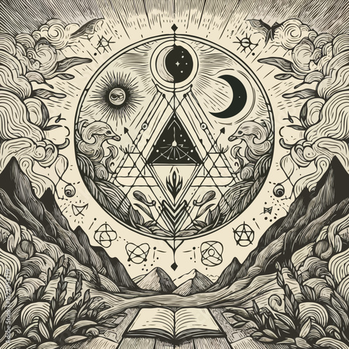 Mystical geometric illustration with mountains and celestial symbols  