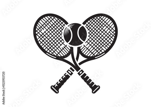 Two tennis rackets with a tennis ball in the middle. The rackets are crossed over each other Silhouette Vector