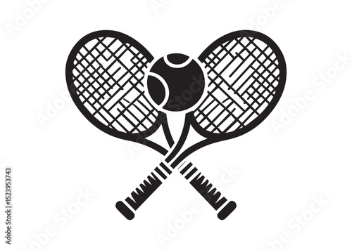 Two tennis rackets with a tennis ball in the middle. The rackets are crossed over each other Silhouette Vector