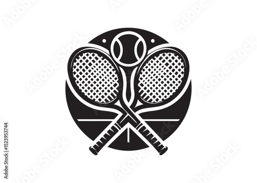 Two tennis rackets with a tennis ball in the middle. The rackets are crossed over each other Silhouette Vector