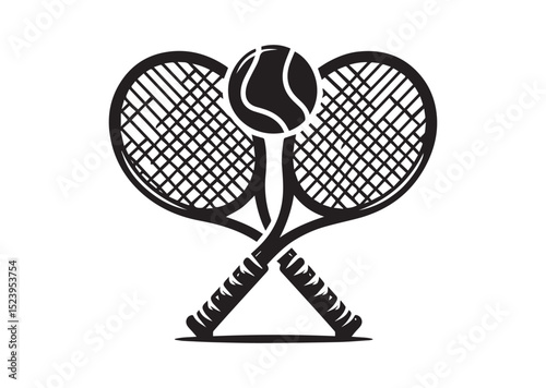 Two tennis rackets with a tennis ball in the middle. The rackets are crossed over each other Silhouette Vector