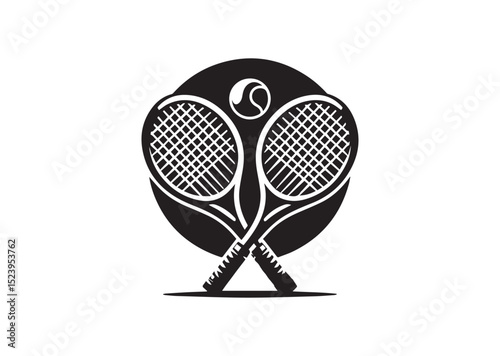 Two tennis rackets with a tennis ball in the middle. The rackets are crossed over each other Silhouette Vector