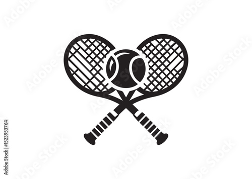 Two tennis rackets with a tennis ball in the middle. The rackets are crossed over each other Silhouette Vector