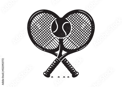 Two tennis rackets with a tennis ball in the middle. The rackets are crossed over each other Silhouette Vector