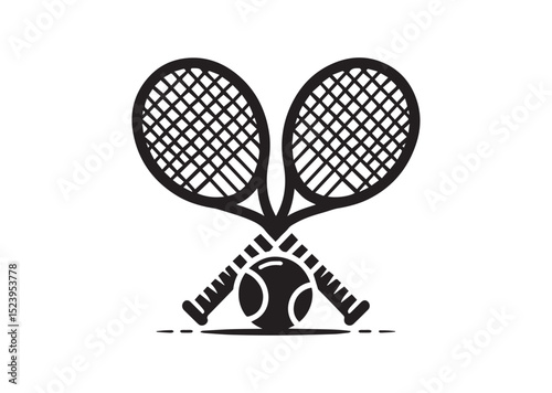 Two tennis rackets with a tennis ball in the middle. The rackets are crossed over each other Silhouette Vector