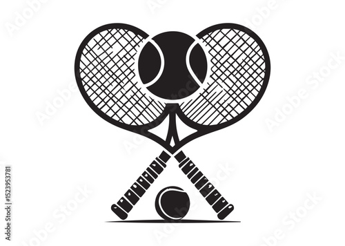Two tennis rackets with a tennis ball in the middle. The rackets are crossed over each other Silhouette Vector