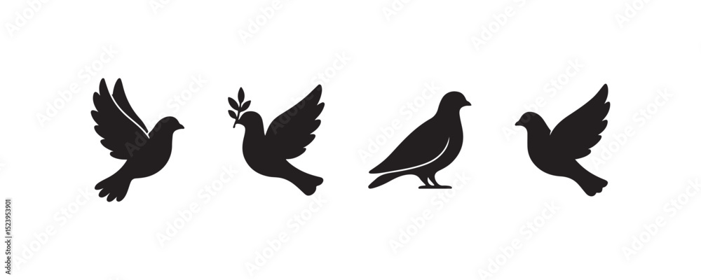 Fototapeta premium Silhouette collection of doves and peace symbol illustrations.