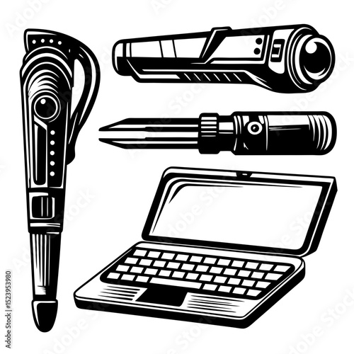 Futuristic technology gadgets set pen scanner and laptop
