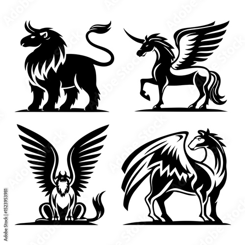 Mythological creatures set lion unicorn griffin hippogriff