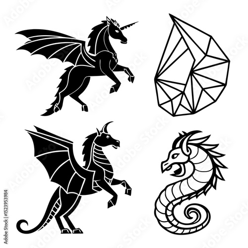 Mythical creatures set unicorn dragon griffin seahorse