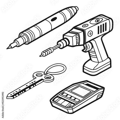 Line art illustration of tools and key