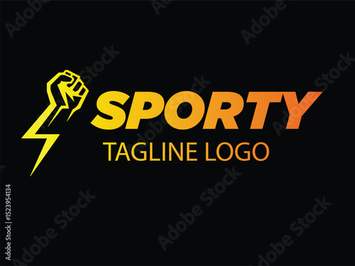 Sporty Tagline Logo Design Powerful Fist and Lightning Bolt Graphic
