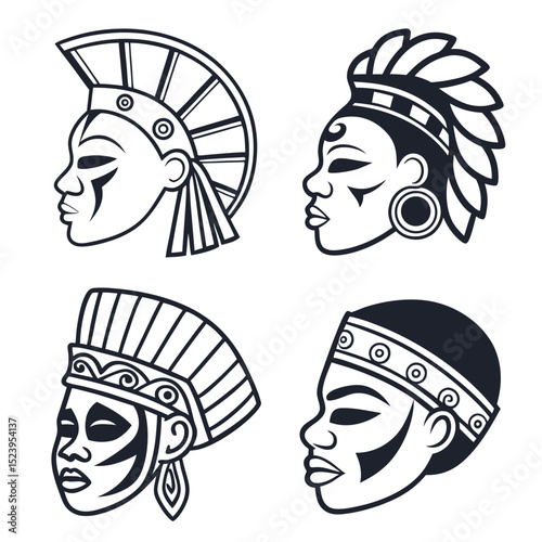 Four indigenous tribal masks profile vector art