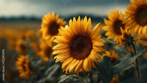 Close-up of vibrant sunflowers in a field under a cloudy sky