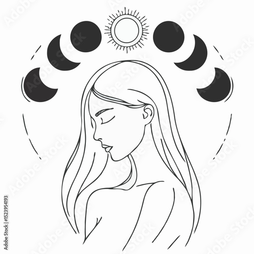 Minimalist line art of woman with moon phases and sun  