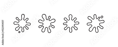 Abstract black inkblot shapes in a row on white background.